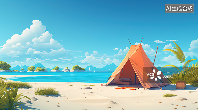 【AI数字艺术】夏天海边露营度假帐篷图片素材
