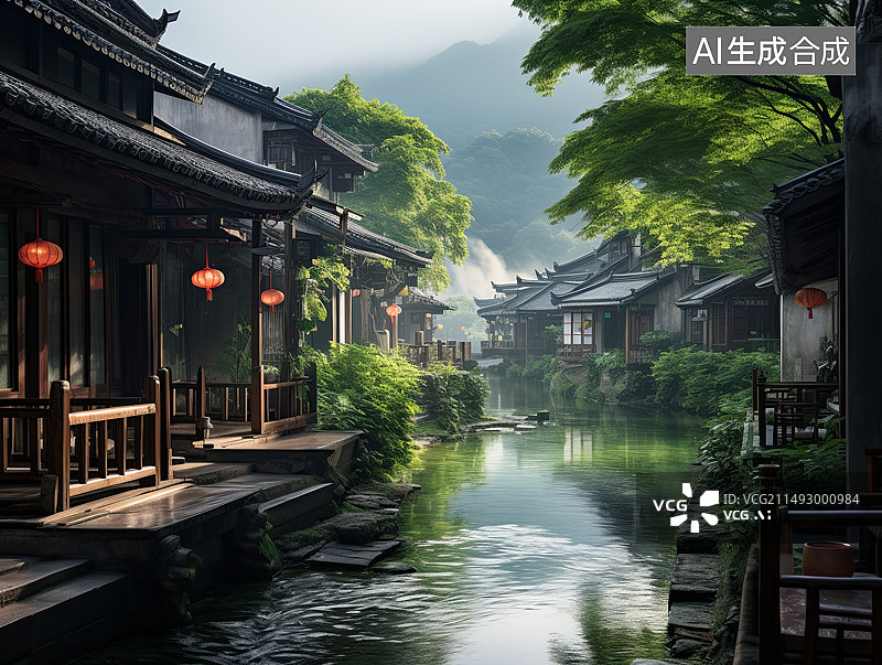 【AI数字艺术】充满中国古典风格元素的江南水乡插画图片图片素材