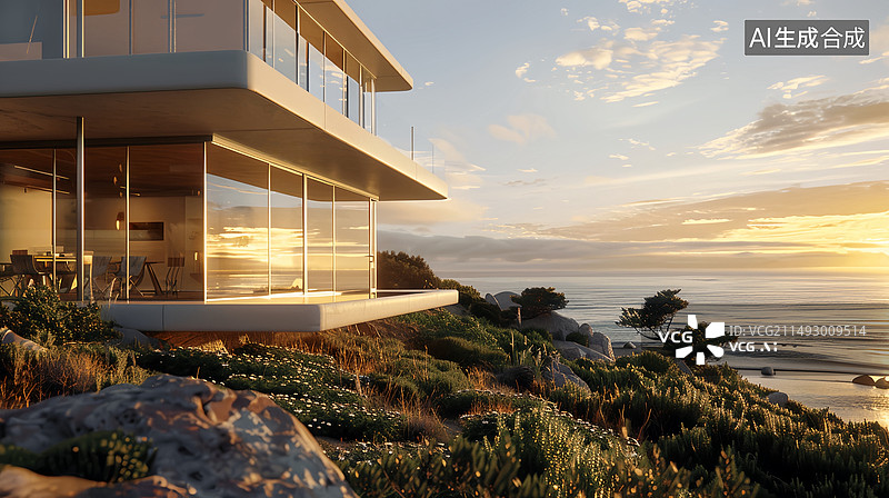 【AI数字艺术】现代轻奢海边假日别墅图片素材