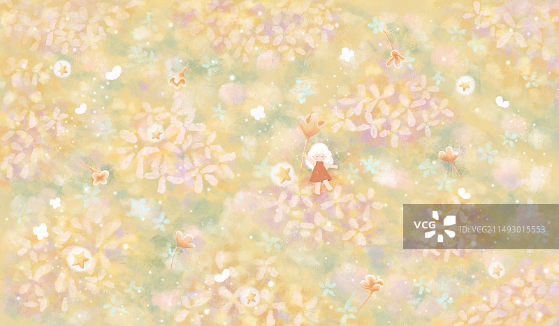 黄色的花海鲜花桂花小女孩童趣壁纸插画图片素材