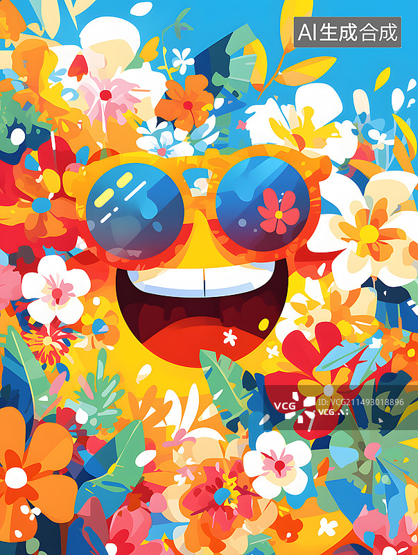 【AI数字艺术】黄色表情包在绚丽色彩的花丛中开心大笑插画图片素材