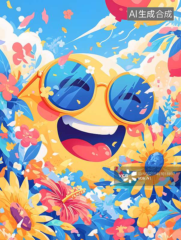 【AI数字艺术】黄色表情包在绚丽色彩的花丛中开心大笑插画图片素材