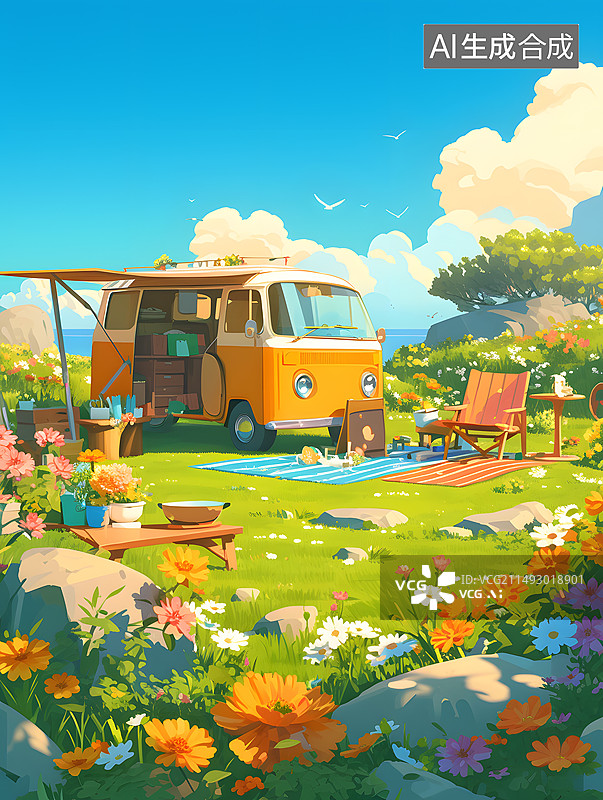 【AI数字艺术】露营车户外春天美景心旷神怡无人场景插画图片素材