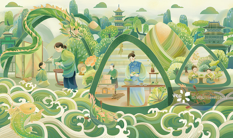国潮风端午粽子龙舟场景插画图片素材