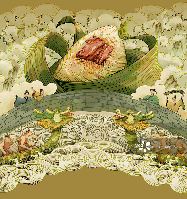 国潮风端午粽子龙舟场景插画图片素材