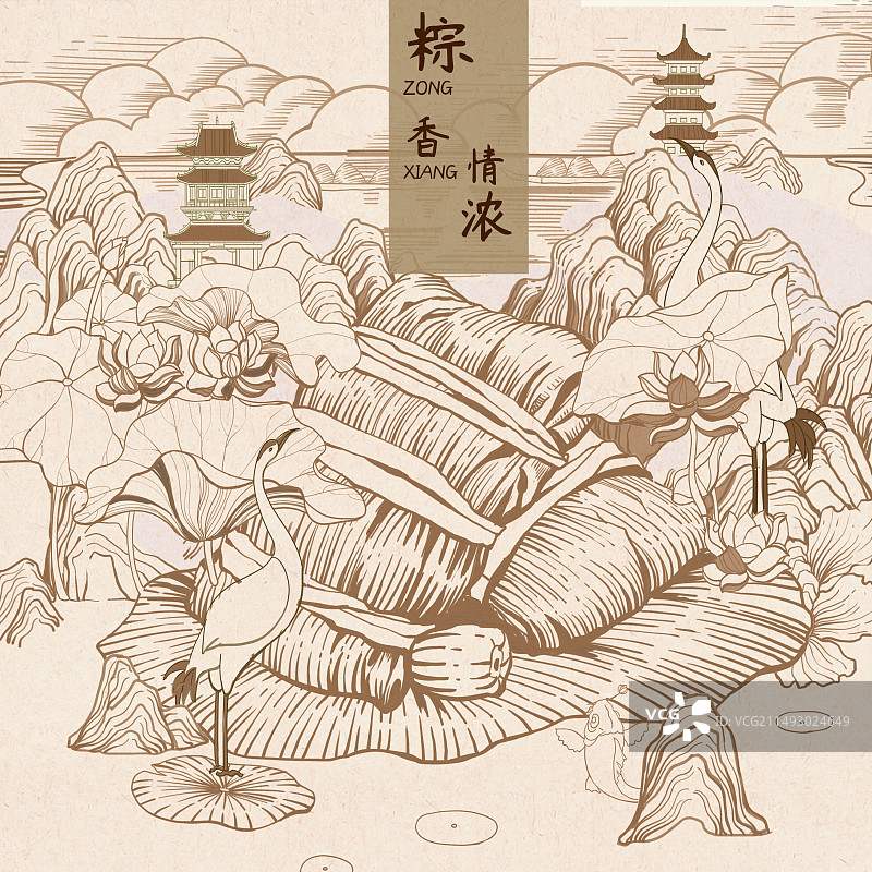 国潮风端午粽子龙舟版画黑白场景插画图片素材