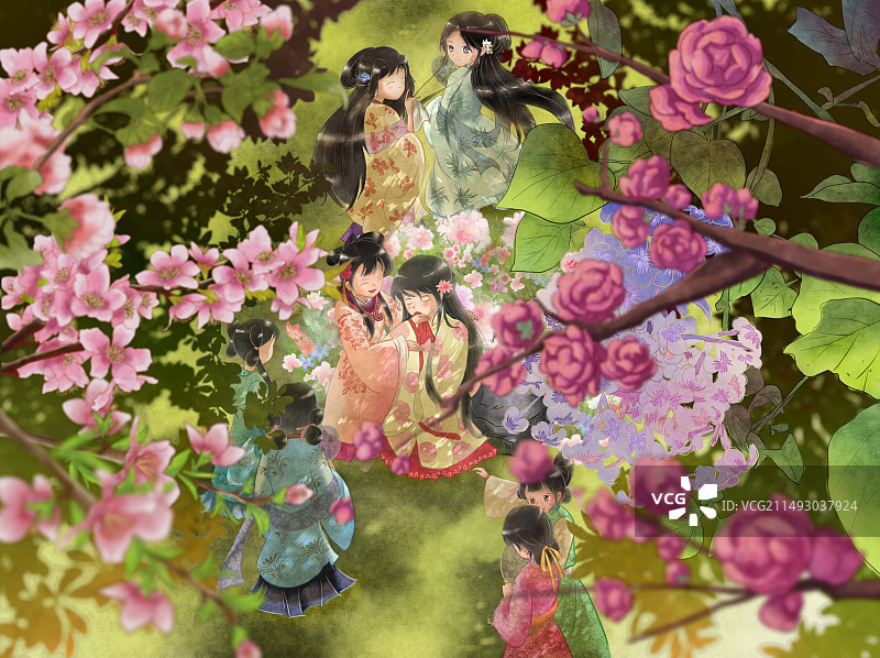 插画二维日式卡通原画风古风女孩人群花园散步花朵树枝日景图片素材