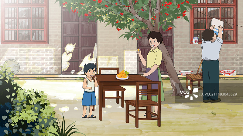 农村乡下乡村村民田园风光童年美好回忆小时候留守儿童家院子门口夏天早晨唯美青春活力老房子插画图片素材