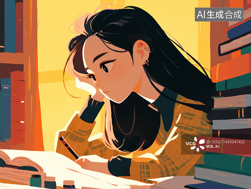 【AI数字艺术】一名大学生在图书馆里学习插画图片素材