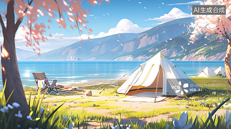 【AI数字艺术】春天湖边露营度假,户外帐篷图片素材