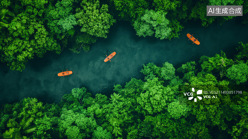 【AI数字艺术】正上方视角航拍热带雨林河中的小船图片素材