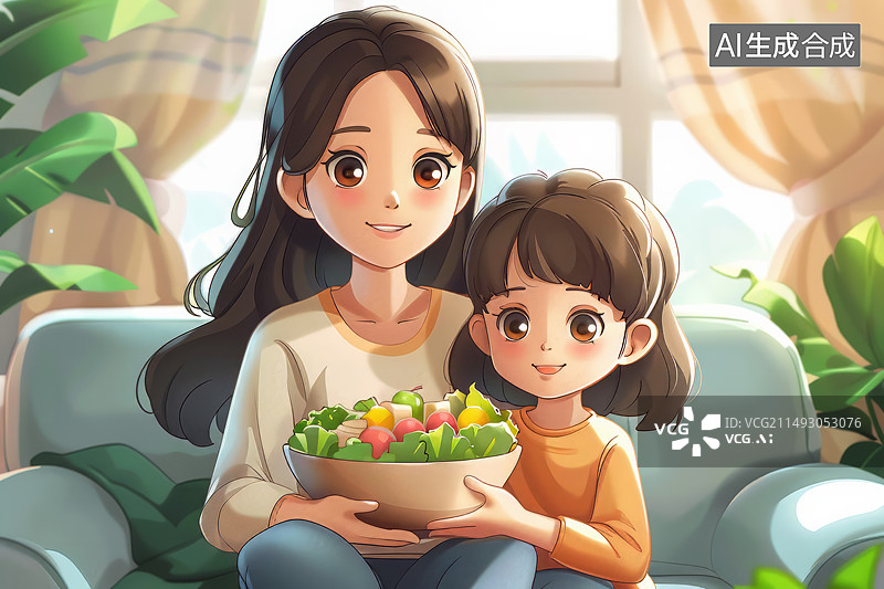 【AI数字艺术】妈妈和孩子在沙发上拿着食物插画图片素材
