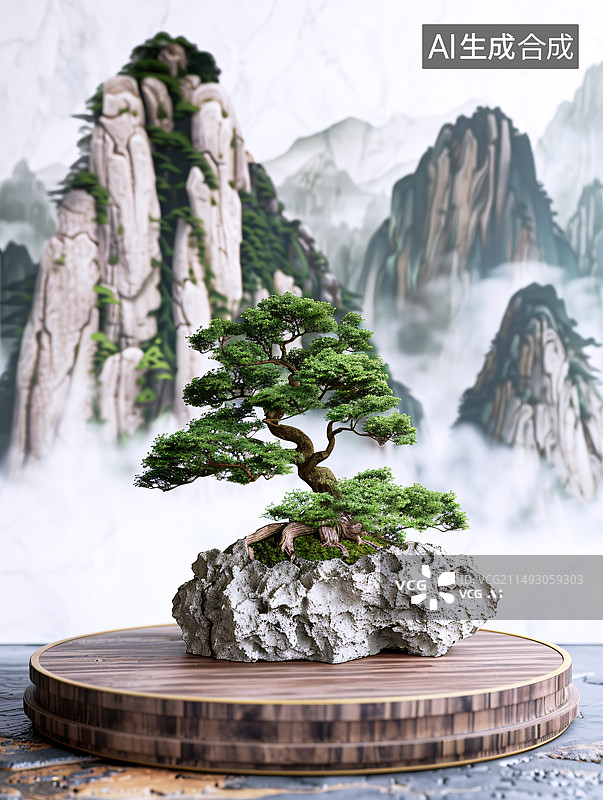 【AI数字艺术】植物盆栽中国风背景展台图片素材