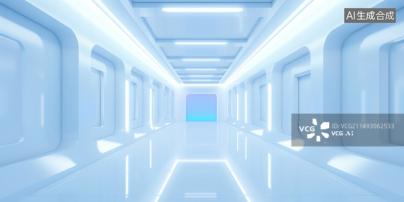 【AI数字艺术】白色蓝色人造建筑空间走廊通道未来科技背景图图片素材