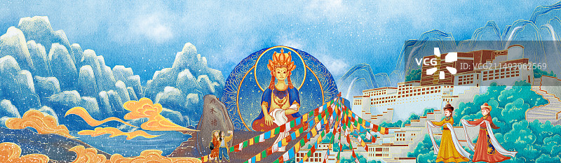 西藏著名景点创意插画旅游风景图片素材