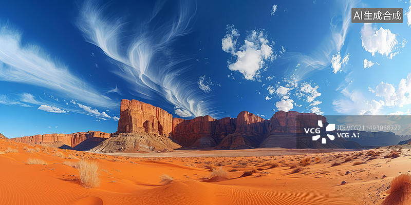【AI数字艺术】壮观的红色岩石和蓝天沙漠景观图片素材