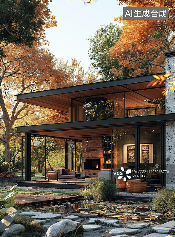 【AI数字艺术】现代住宅外观配备大玻璃窗和砖砌壁炉图片素材