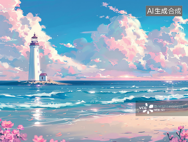 【AI数字艺术】海边的灯塔与海岸线图片素材
