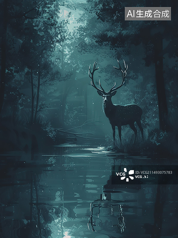 【AI数字艺术】森林里的驯鹿剪影图片素材