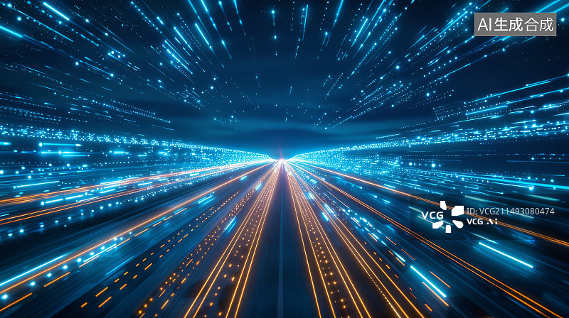【AI数字艺术】未来科技科幻动感时光空间蓝金色通道道路背景图片素材