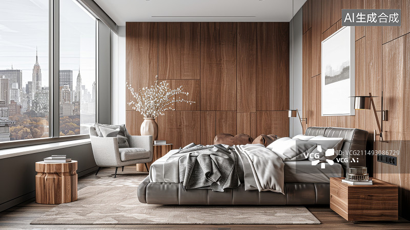 【AI数字艺术】现代室内设计卧室酒店家具装修侧视图图片素材