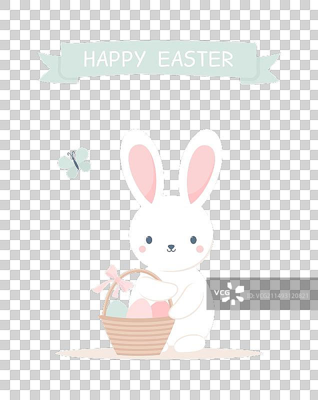 可爱的复活节兔子抱着一篮子复活节彩蛋图片素材