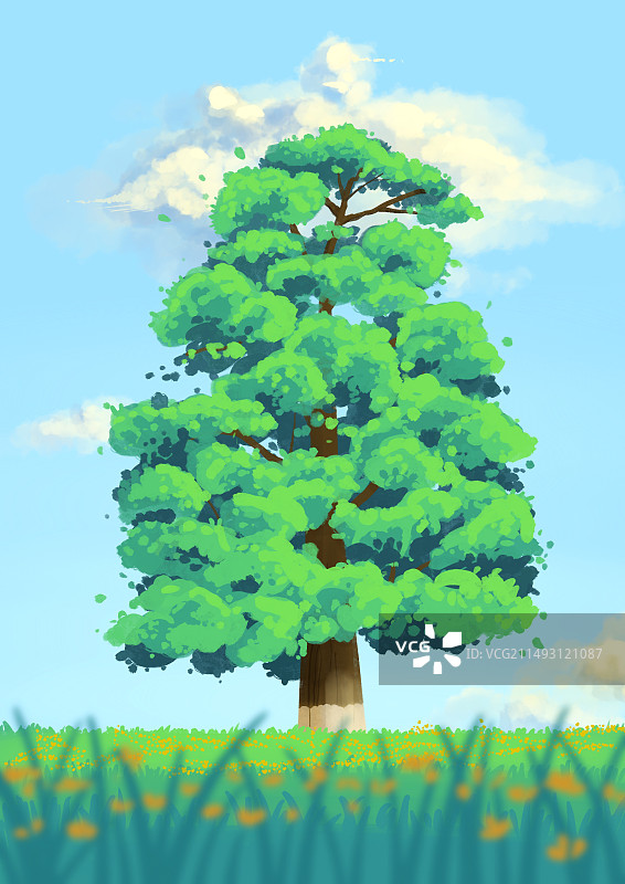 手绘户外天空草地大树景色背景插画图片素材