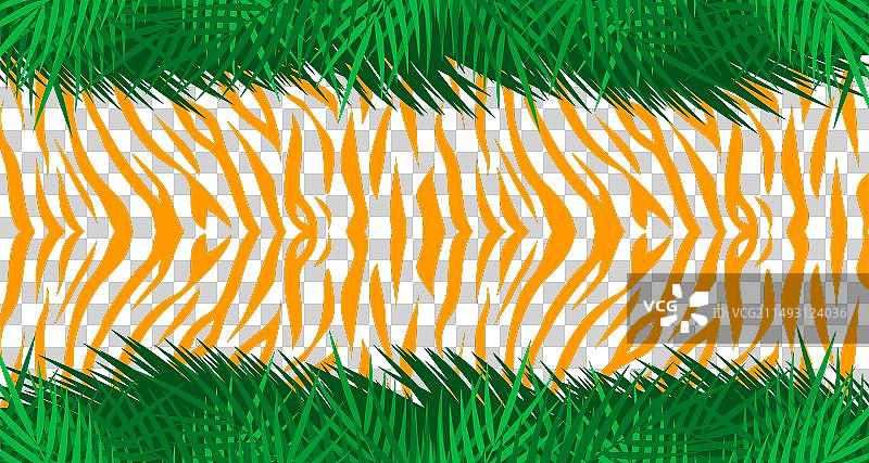 带有棕榈叶的橙色虎纹印花背景图片素材