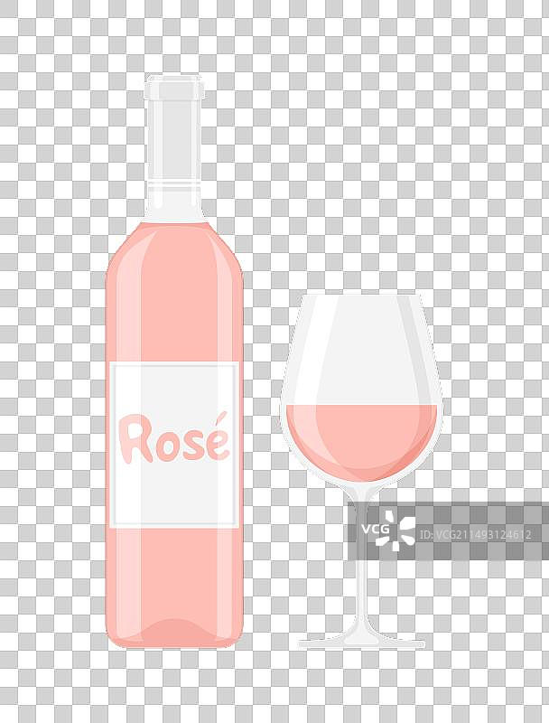 白色背景上的玫瑰葡萄酒瓶和玻璃杯图片素材