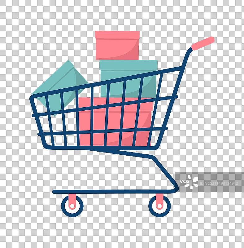 带有绿色和粉色盒子的购物车，白色背景图片素材