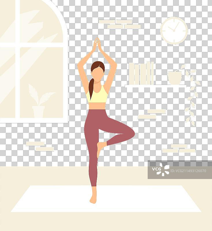 年轻女人在家练习扁平风格瑜伽图片素材