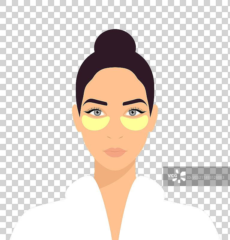 穿着白色浴袍，敷着金色眼膜的年轻女人图片素材