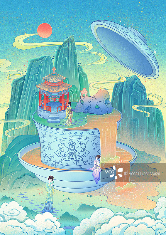 新中式山水仕女创意插画图片素材