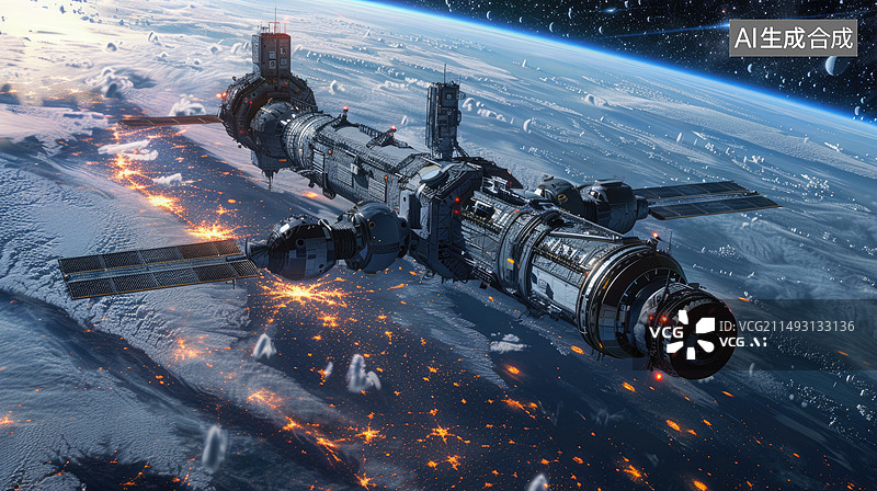 【AI数字艺术】在地球轨道上的空间站图片素材
