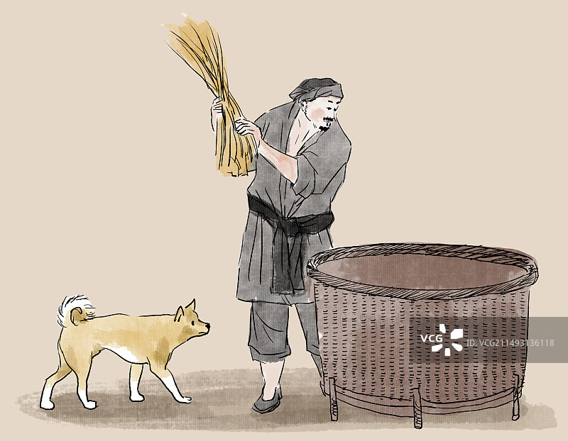 中国风新中式水墨风水墨画古风古典传统文化乡村振兴生活农村乡下村民劳动打稻谷劳作田园风光风景插画图片素材