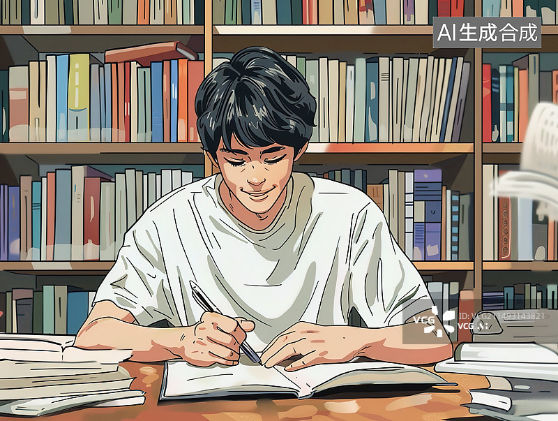 【AI数字艺术】一名大学生在图书馆里学习，插画风格图片素材