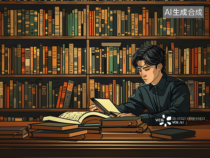 【AI数字艺术】一名大学生在图书馆里学习，插画风格图片素材