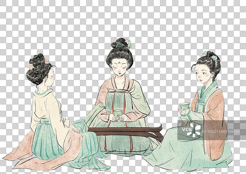 国潮风茶文化唐朝汉服人物插画元素图片素材