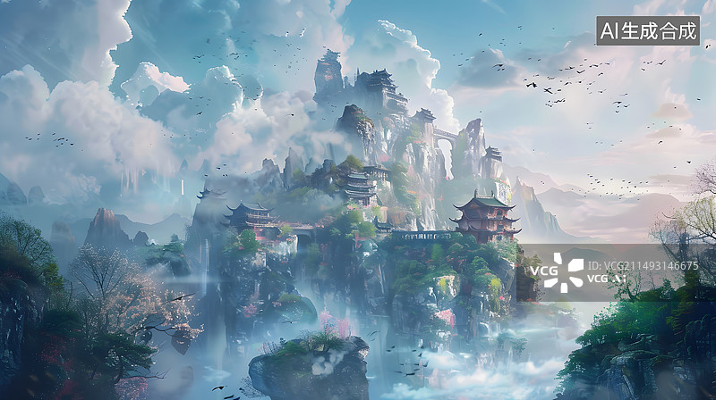 【AI数字艺术】云雾缭绕的动漫仙境图片素材
