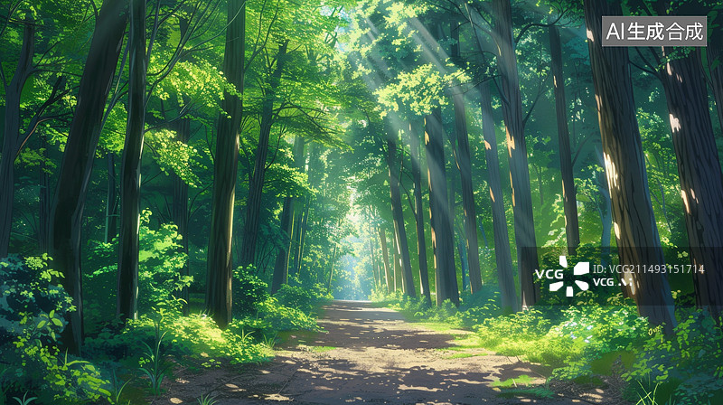 【AI数字艺术】绿色的茂密树林里一条小路通向远方图片素材