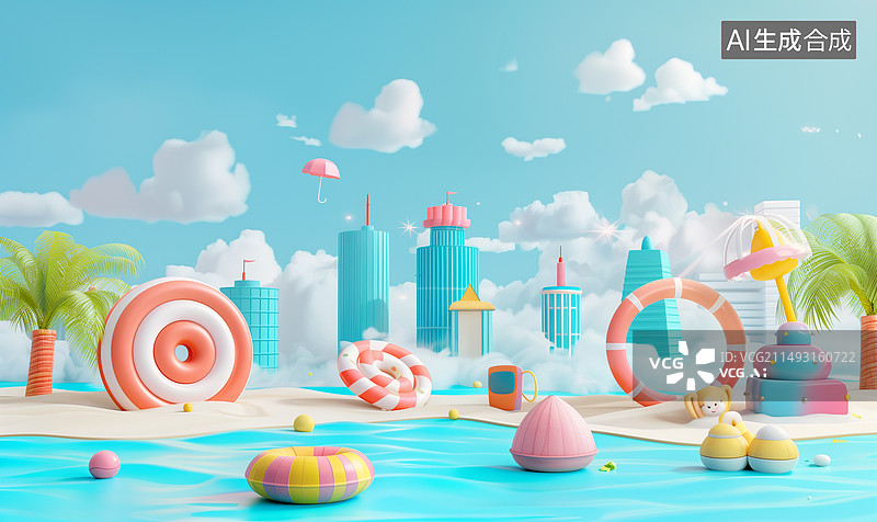 【AI数字艺术】夏日冰爽感城市插画图片素材