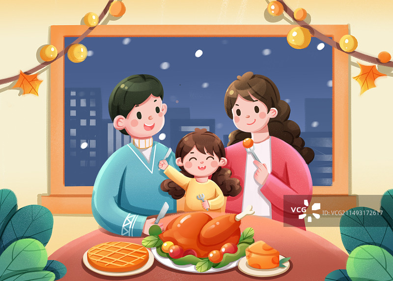 可爱一家人温馨感恩节肌理扁平插画图片素材