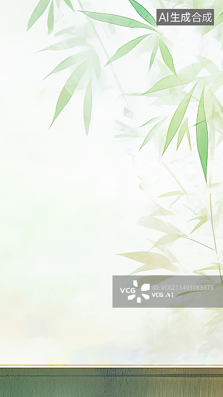 【AI数字艺术】洒满阳光的竹林，木制竹制桌子，水彩画中国风风格留白背景图片素材