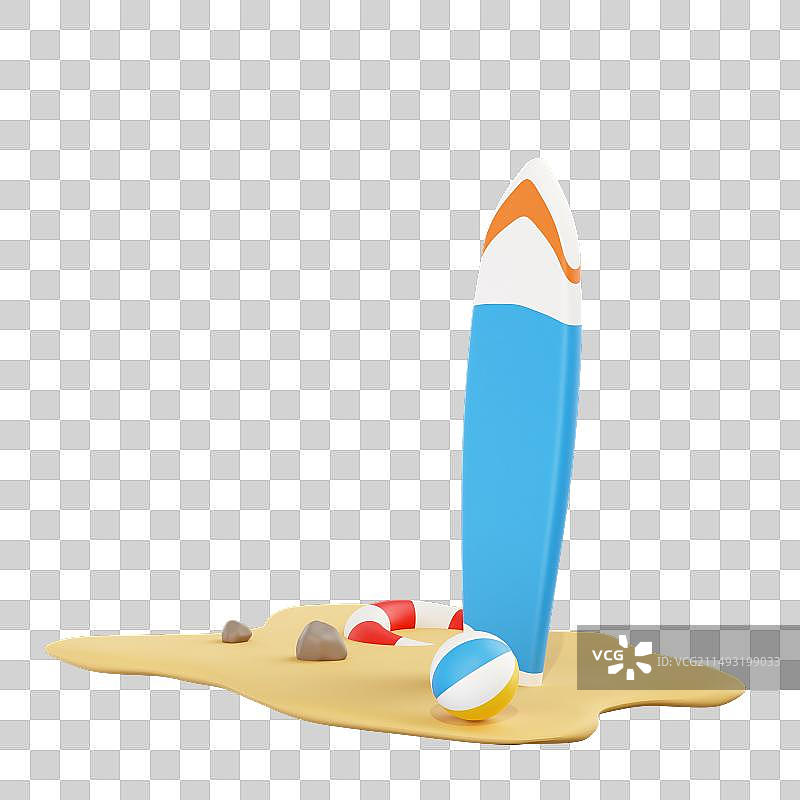 3D立体沙滩游泳圈沙滩球冲浪板小场景插画免抠元素图片素材