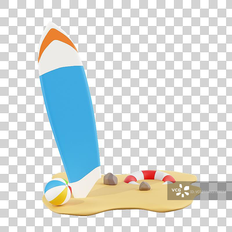3D立体沙滩游泳圈沙滩球冲浪板小场景插画免抠元素图片素材