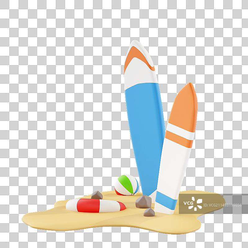 3D立体沙滩游泳圈沙滩球冲浪板小场景插画免抠元素图片素材