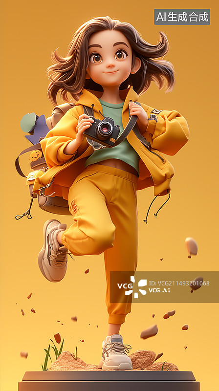 【AI数字艺术】快乐的女孩拿着相机在旅游图片素材