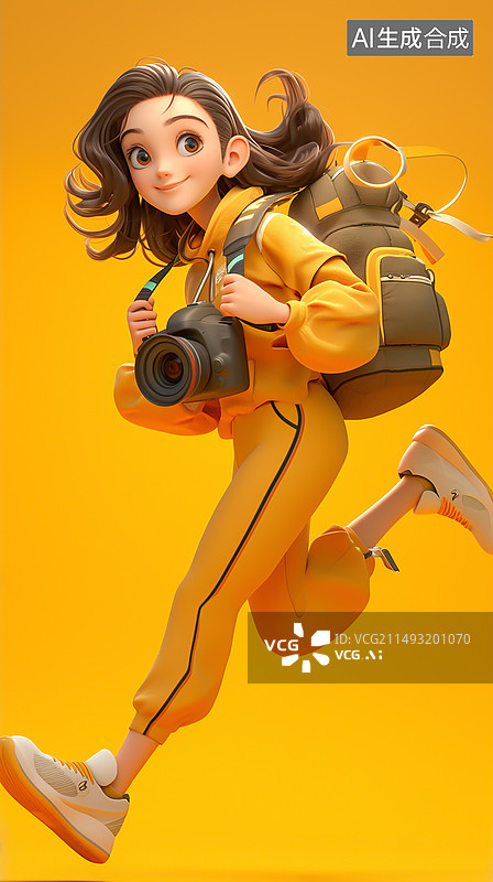 【AI数字艺术】快乐的女孩拿着相机在旅游图片素材