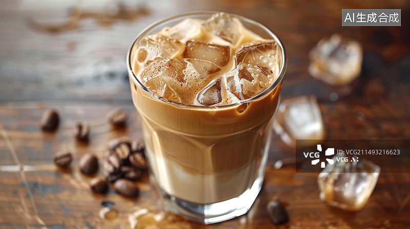 【AI数字艺术】一杯装有冰块和咖啡豆的冰咖啡放在木桌上图片素材
