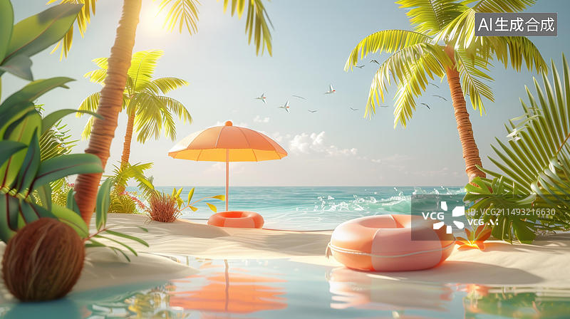 【AI数字艺术】宁静的热带海滩粉红色的遮阳伞和漂浮物图片素材